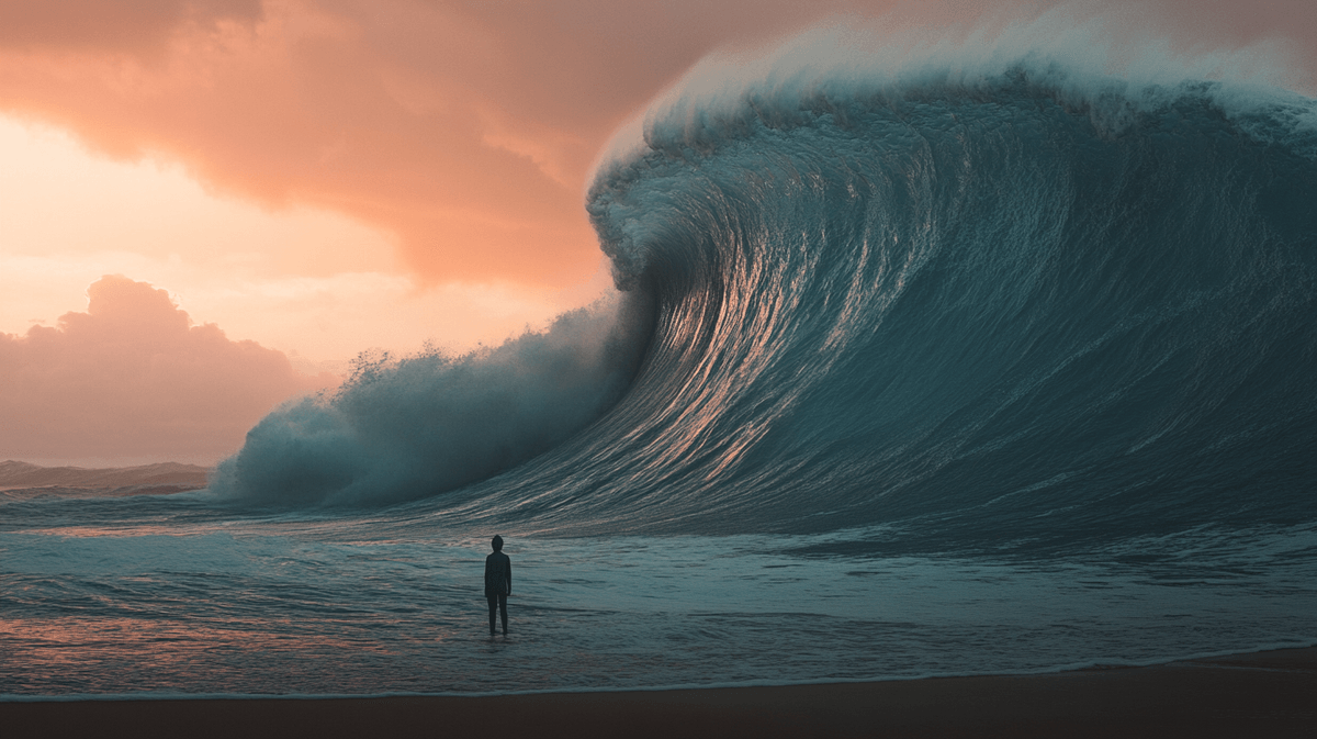 A person on a beach looking at a huge oncoming wave