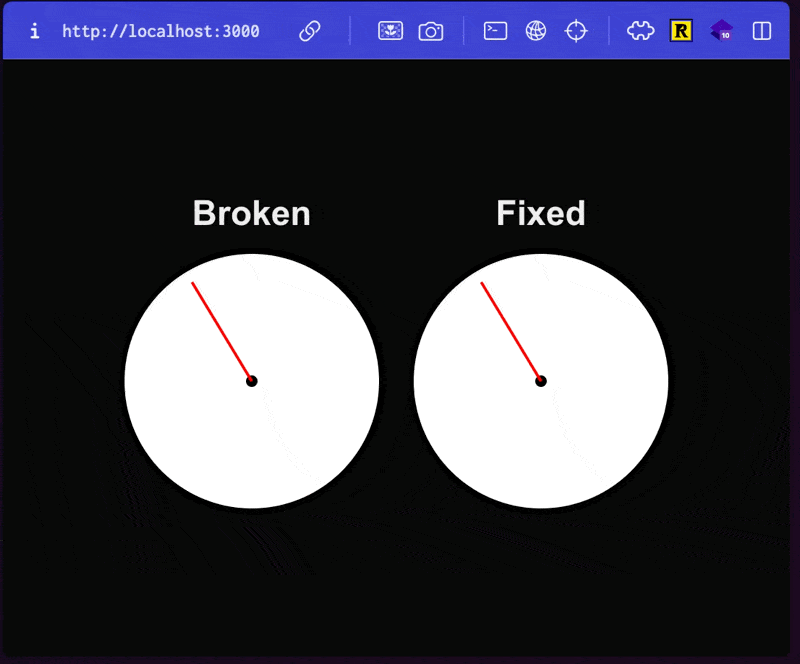 two clocks, one the second hand snaps on load, the other does not