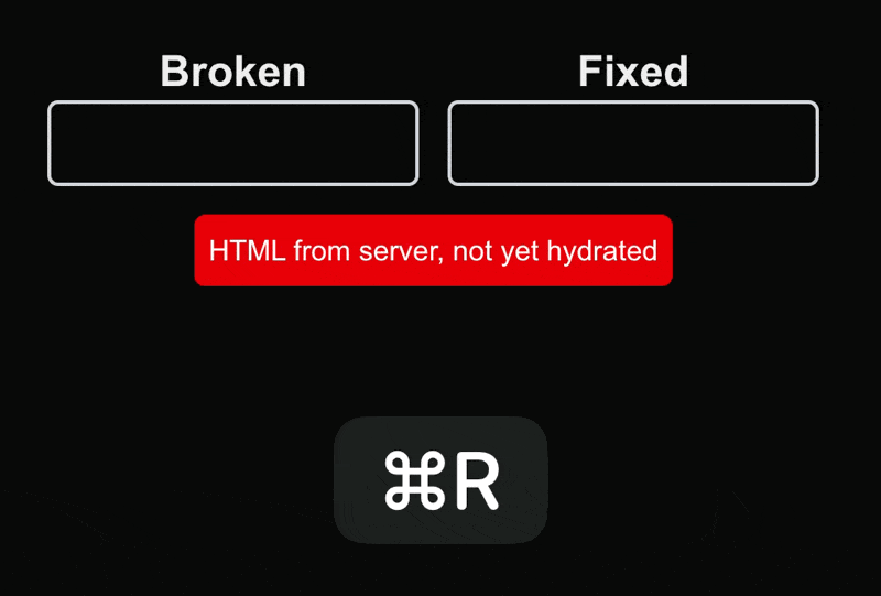Two text inputs both typed into prehydration, after hydration one is wiped empty, while the other is preserved